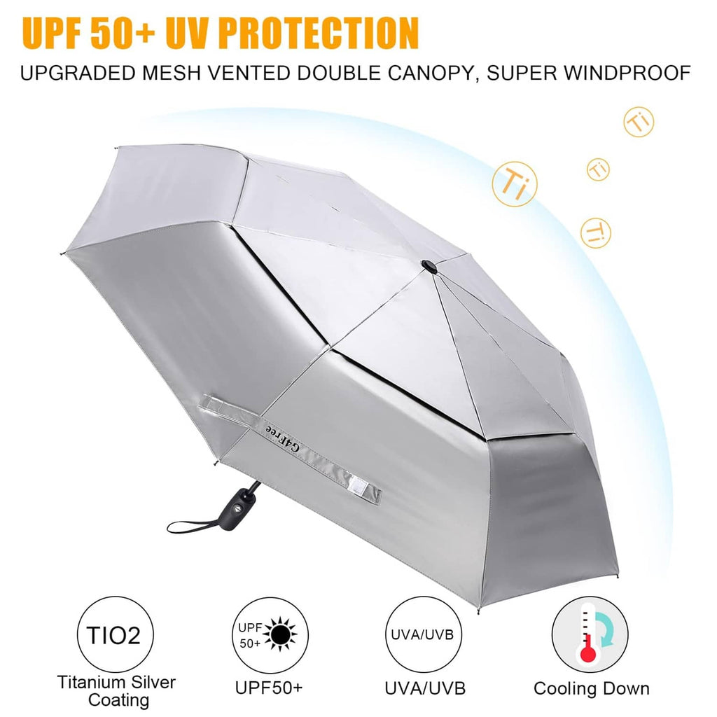 Silver travel umbrella with double-canopy frame and black ribs