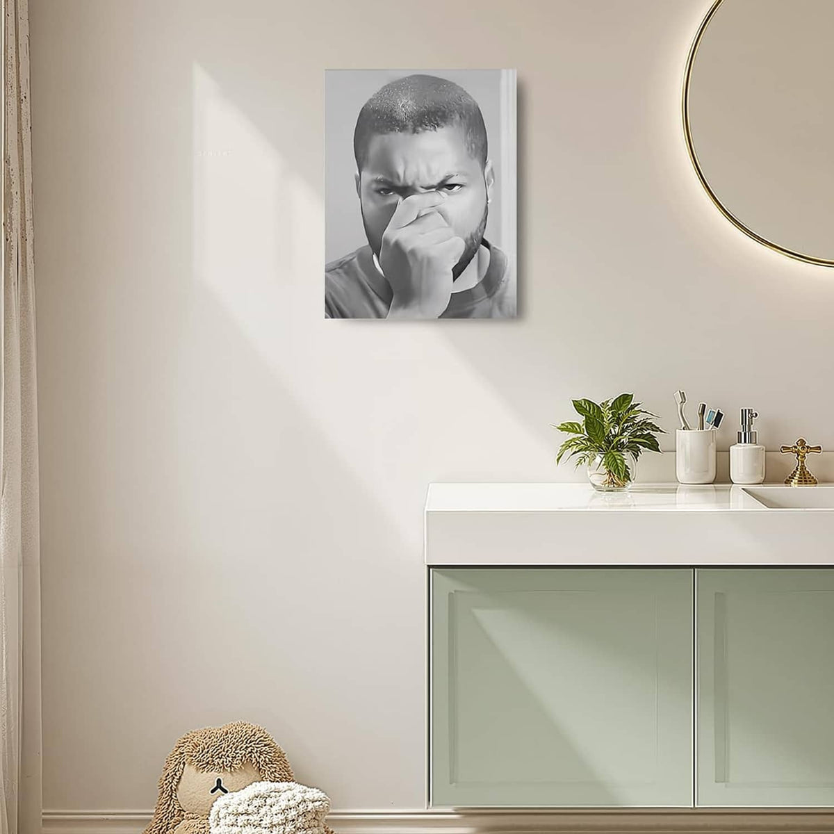 Black-and-white canvas wall art featuring man covering mouth portrait, small wall display