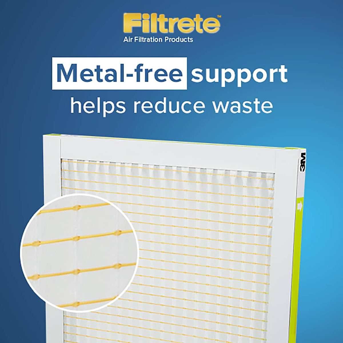 White pleated air filter with close-up of metal-free support backing