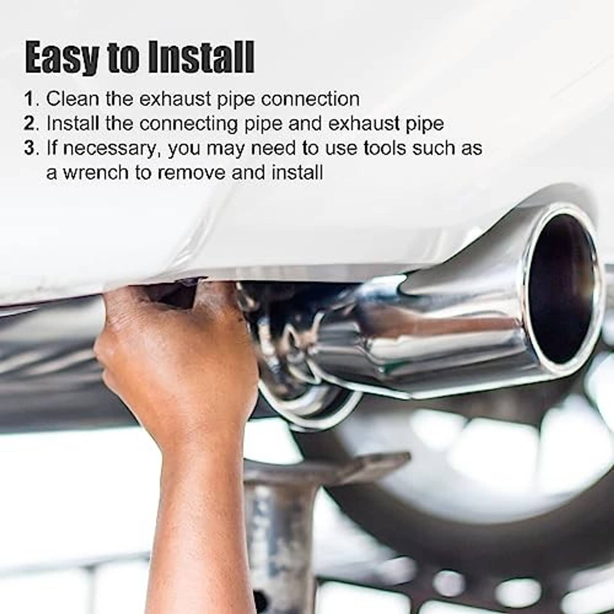 Stainless steel 90-degree exhaust elbow pipe being installed onto vehicle exhaust