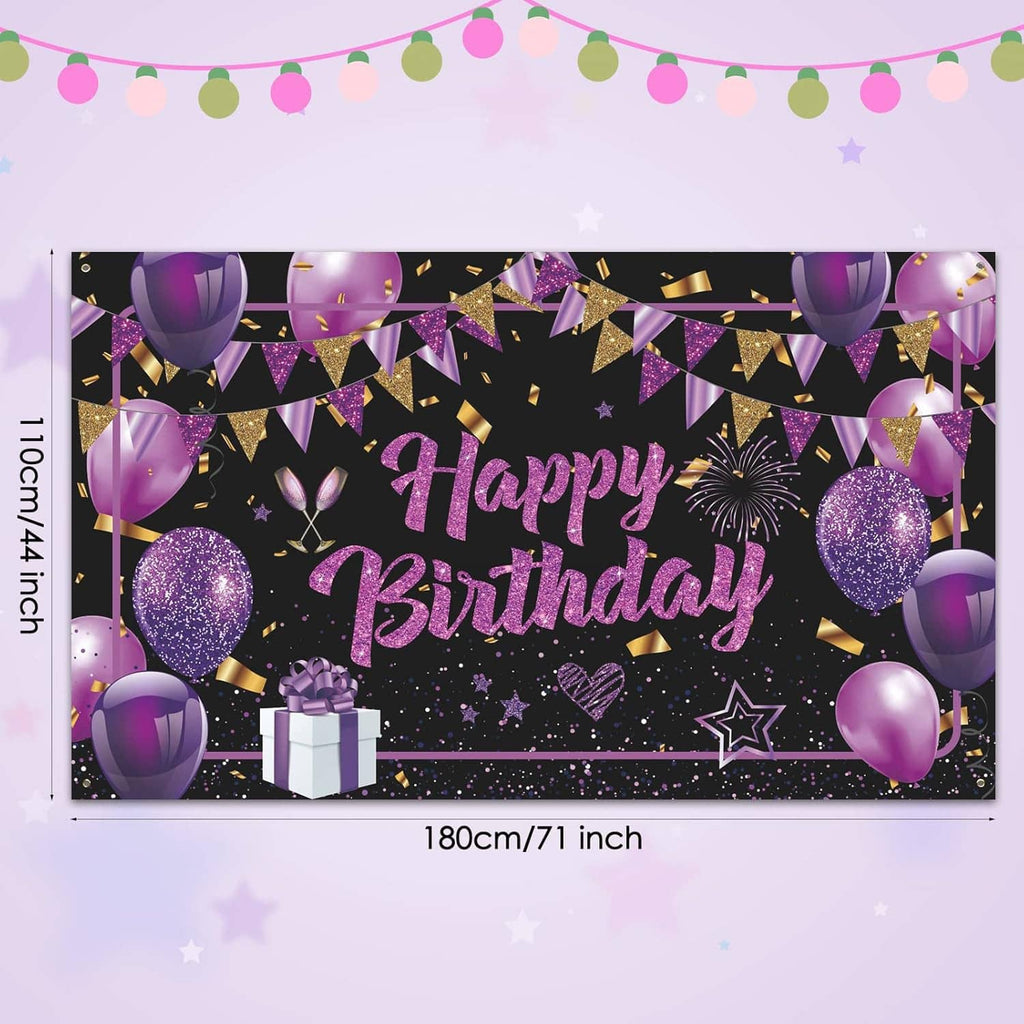 Purple Happy Birthday banner sign with gold confetti, balloons, and sparkly party graphics