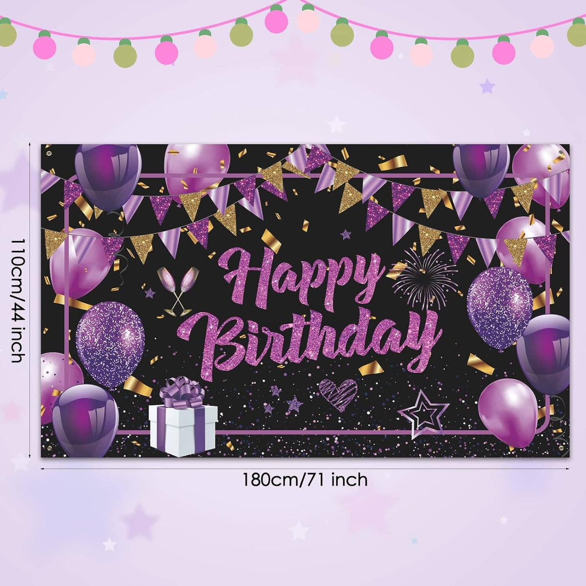 Purple Happy Birthday banner sign with gold confetti, balloons, and sparkly party graphics