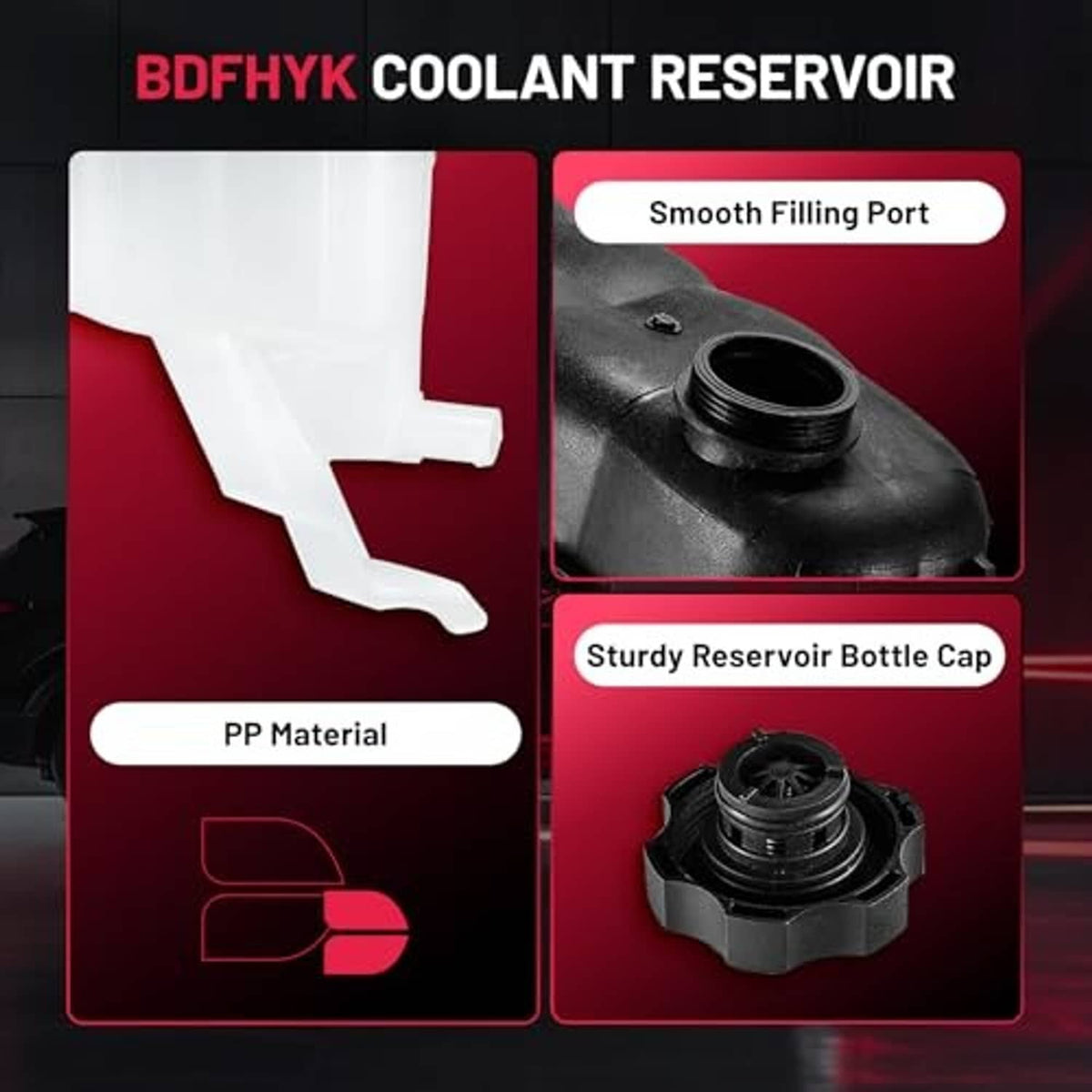 Coolant reservoir feature panel showing black threaded cap and smooth filling port