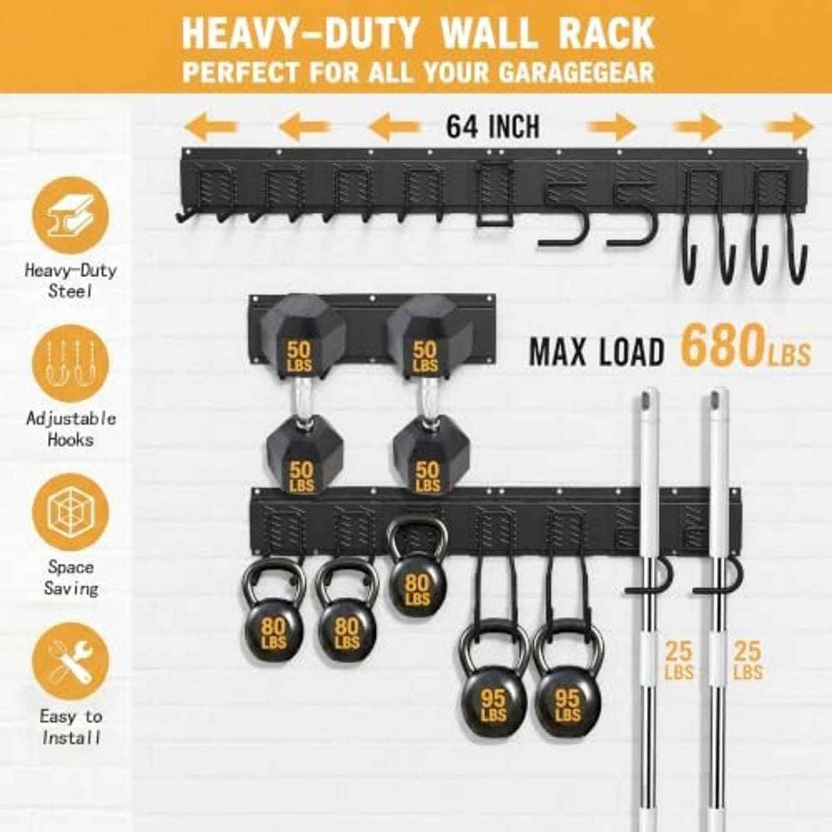 Black heavy-duty wall rack with multiple hooks and hanging weight-style markers