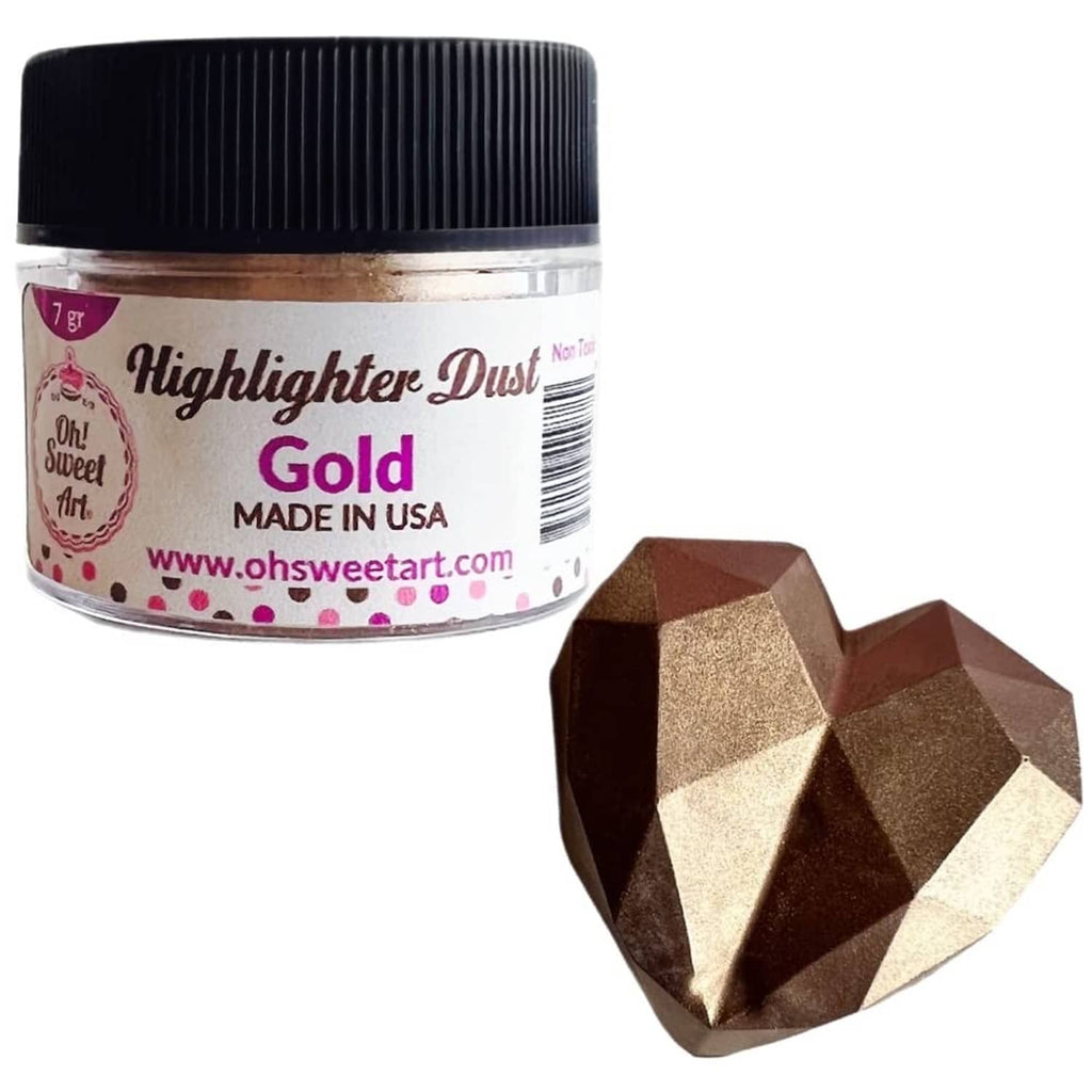 Gold metallic highlight dust jar labeled Highlightes Dust, with loose dust