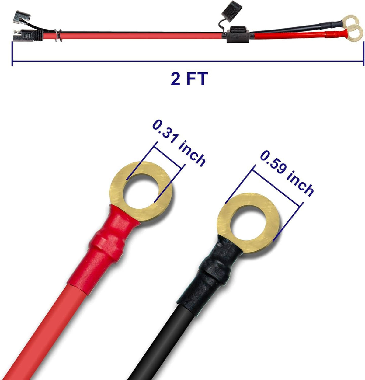 Ring terminals for a 2ft charger cable, with red and black wire leads