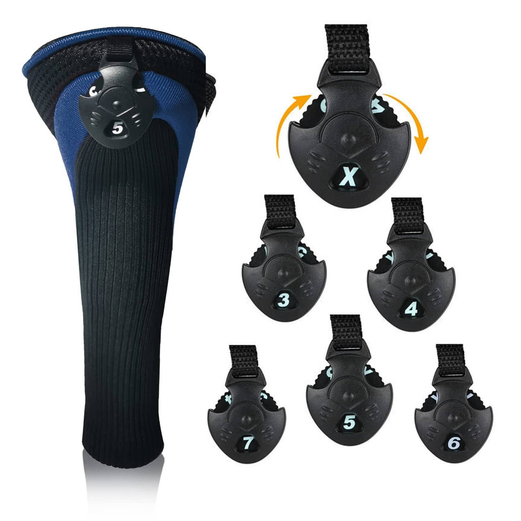Golf wood head cover set with hook-and-loop straps, elastic long neck, black/blue