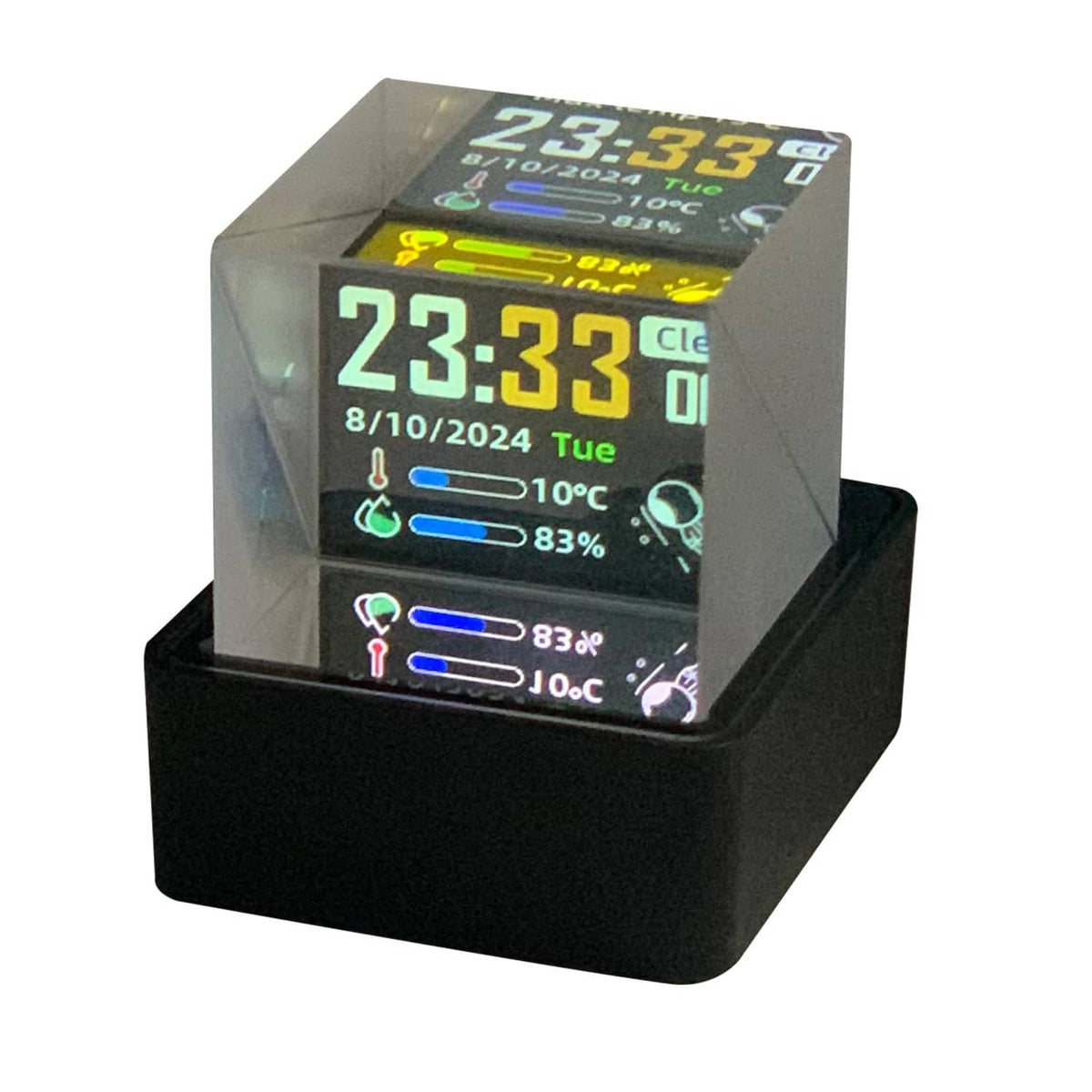 Smart holographic crystal display showing 23:33 weather and date on screen