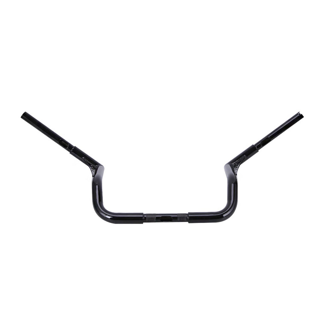Black raised motorcycle handlebar with drilled mounting plates and straight ends