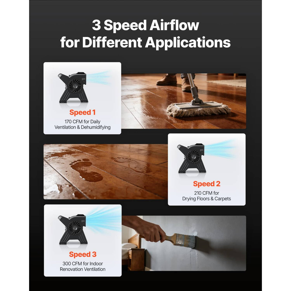 Portable utility fan on stand with multi-speed airflow, black compact design