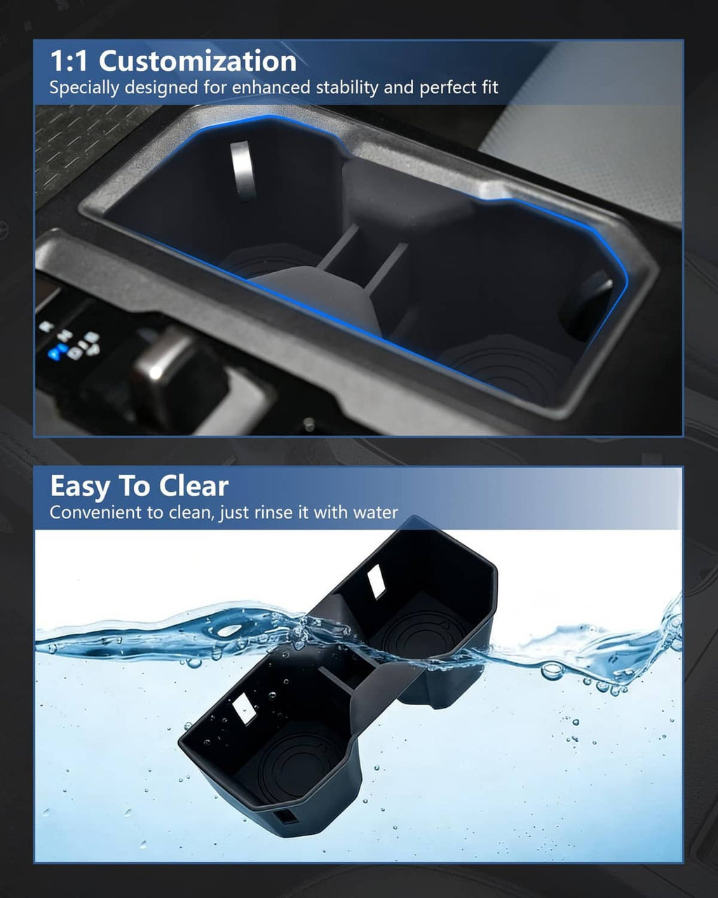 Cup holder insert with blue border and water droplets on textured surface in center console