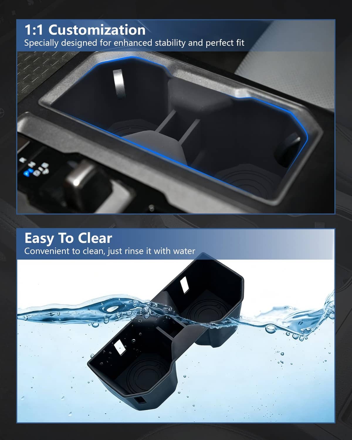 Cup holder insert with blue border and water droplets on textured surface in center console