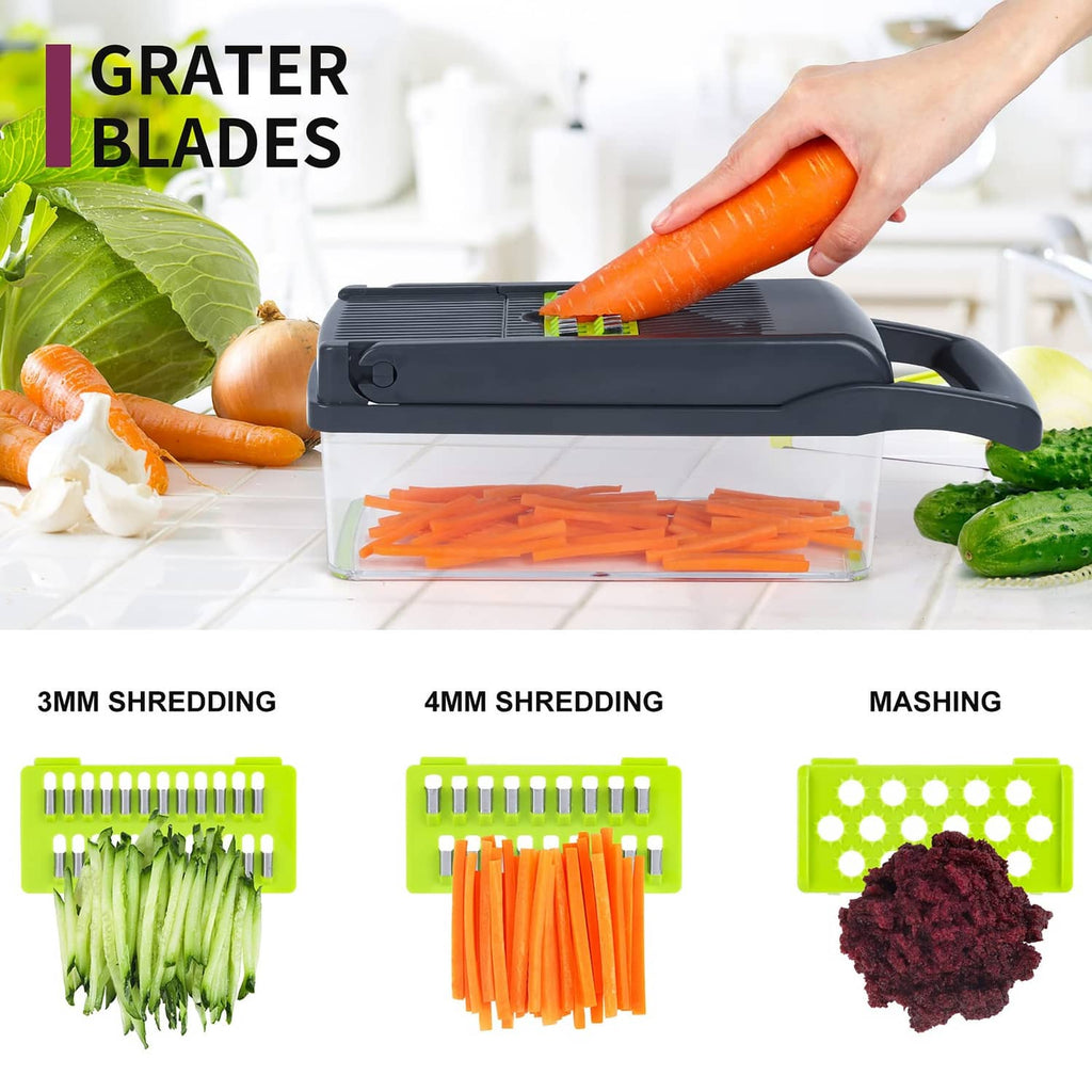 Gray grater blade mandoline vegetable slicer with green shredding insert and tray.