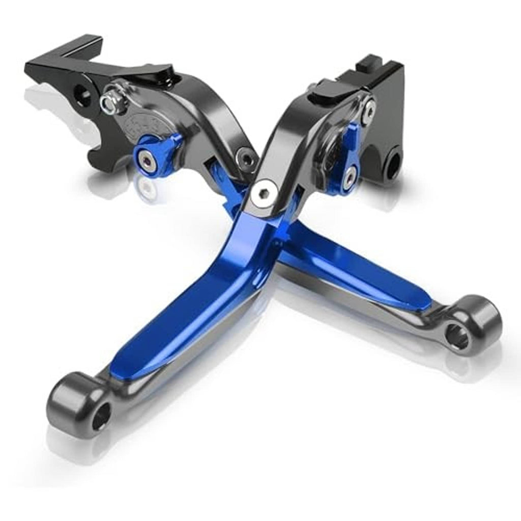 Pair of blue brake and clutch levers with black mounts and silver pivot hardware