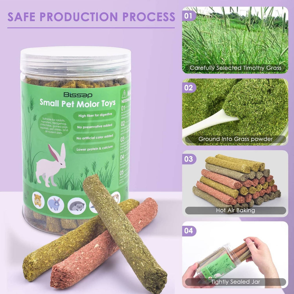 Rabbit chew sticks with a sealed jar of small pet molar toys and stacked pieces