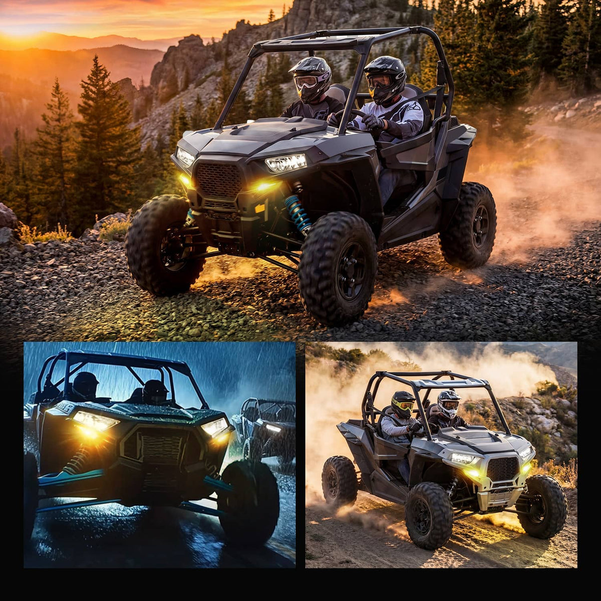 Red UTV with illuminated front turn signals and headlight glow during horn activation