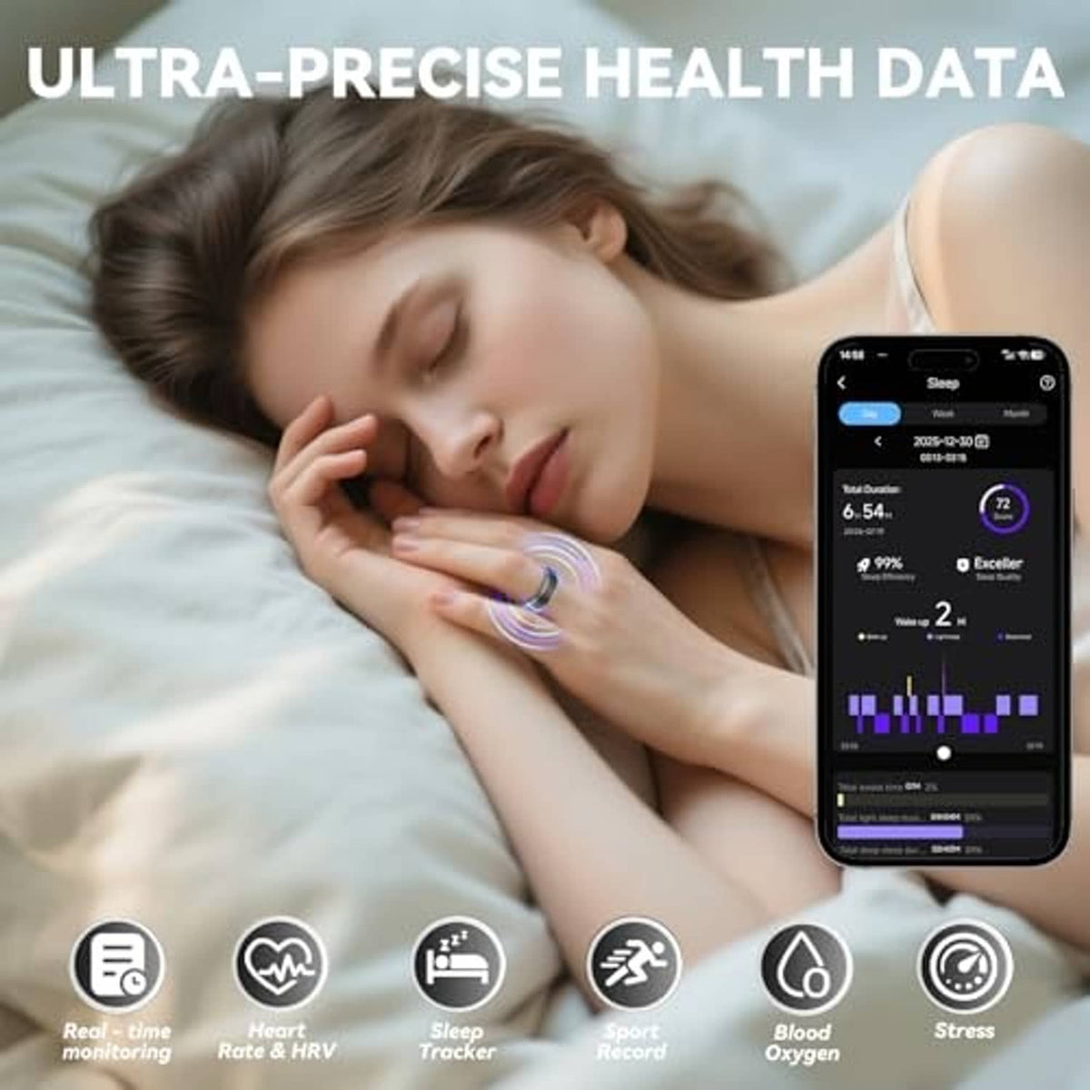 Smart ring with smartphone sleep tracker showing charts and health data metrics