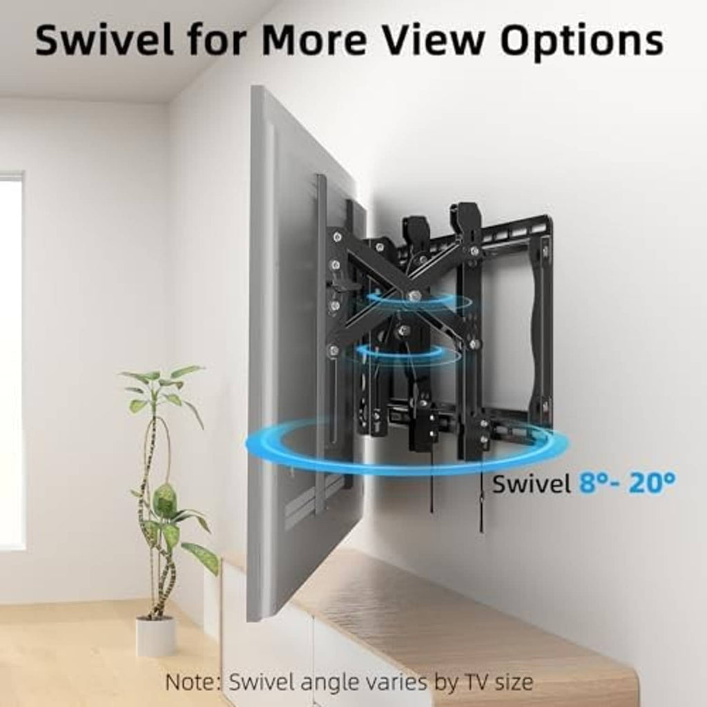 Swivel TV wall mount with black arms, supports 8° to 20° viewing angle