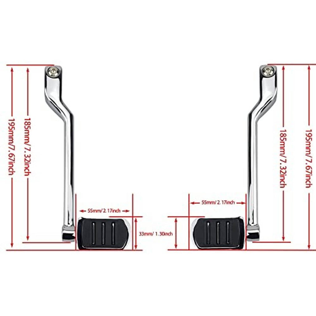 Dimension diagram for two chrome shift levers with black rubber foot pads
