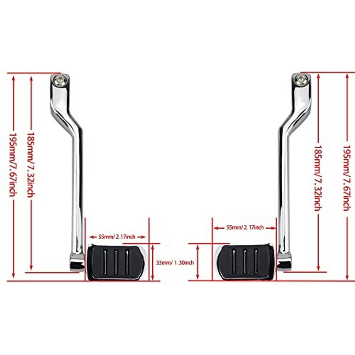 Dimension diagram for two chrome shift levers with black rubber foot pads