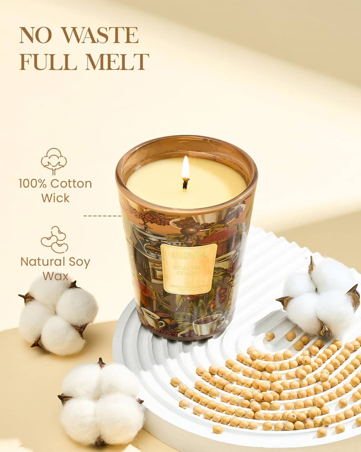 Roasted coffee soy candle showing lit wick and natural soy wax in jar
