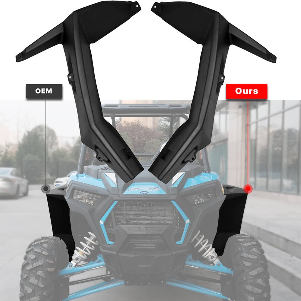 Black front fender flare extensions set installed on an off-road UTV front
