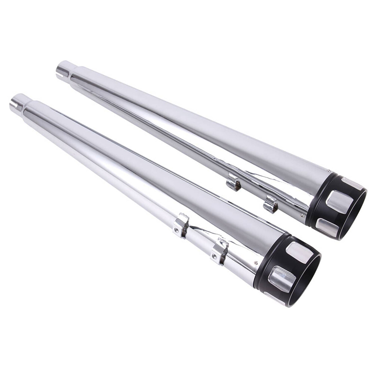 4-inch megaphone exhaust mufflers, chrome slip-ons with black end caps