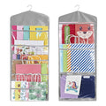 Gray hanging double-sided gift bag organizer with multiple clear pockets and top hook.