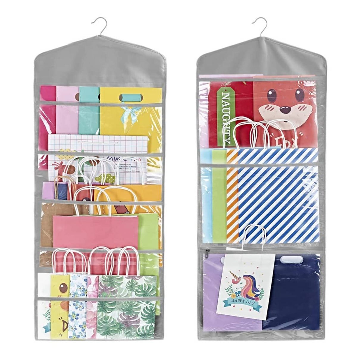 Gray hanging double-sided gift bag organizer with multiple clear pockets and top hook.
