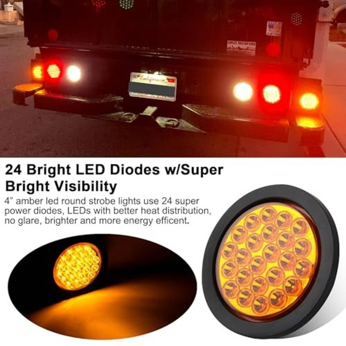 Amber LED round strobe tail light with black housing, shown glowing