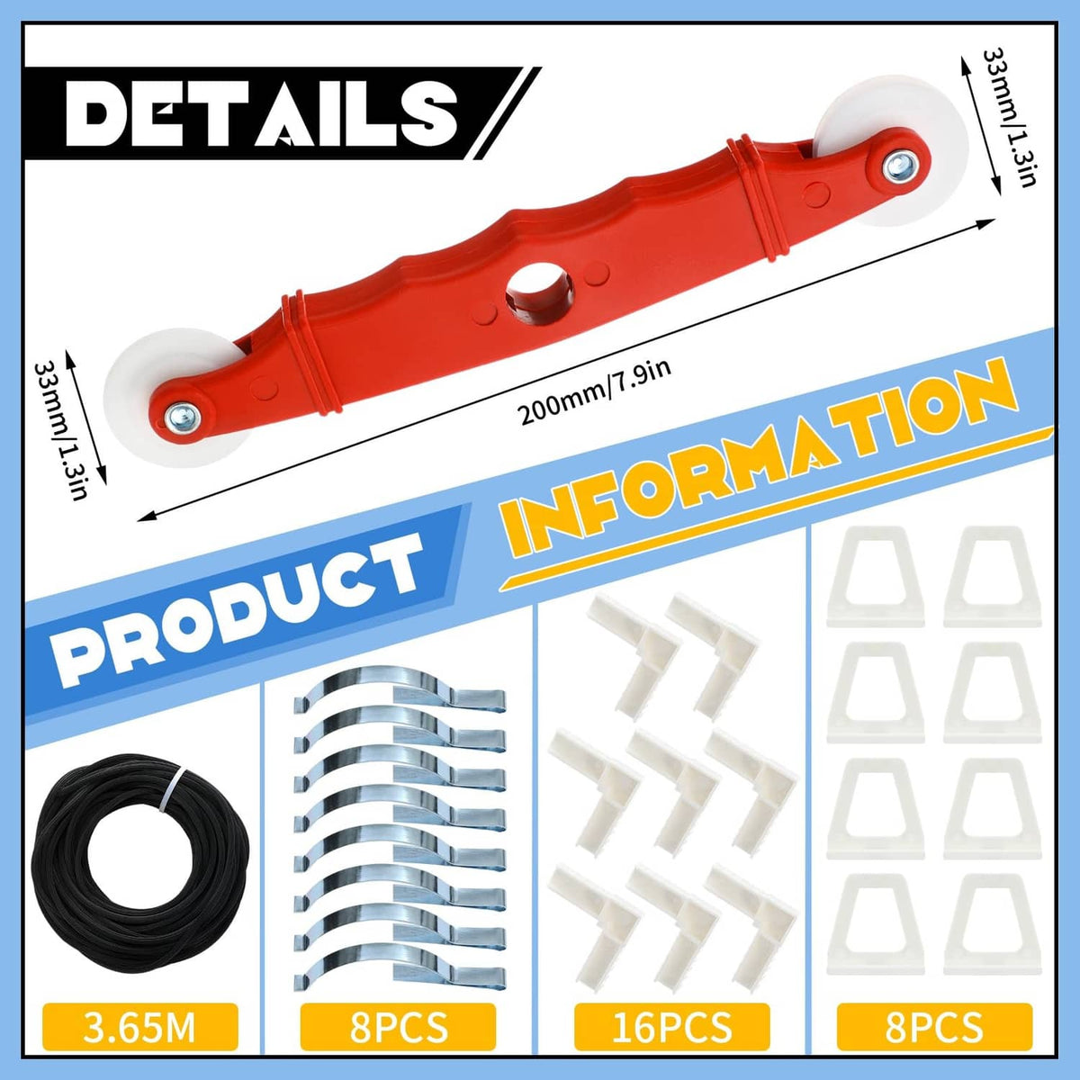 Window screen kit contents: white connectors, black trim, and red cutting tool