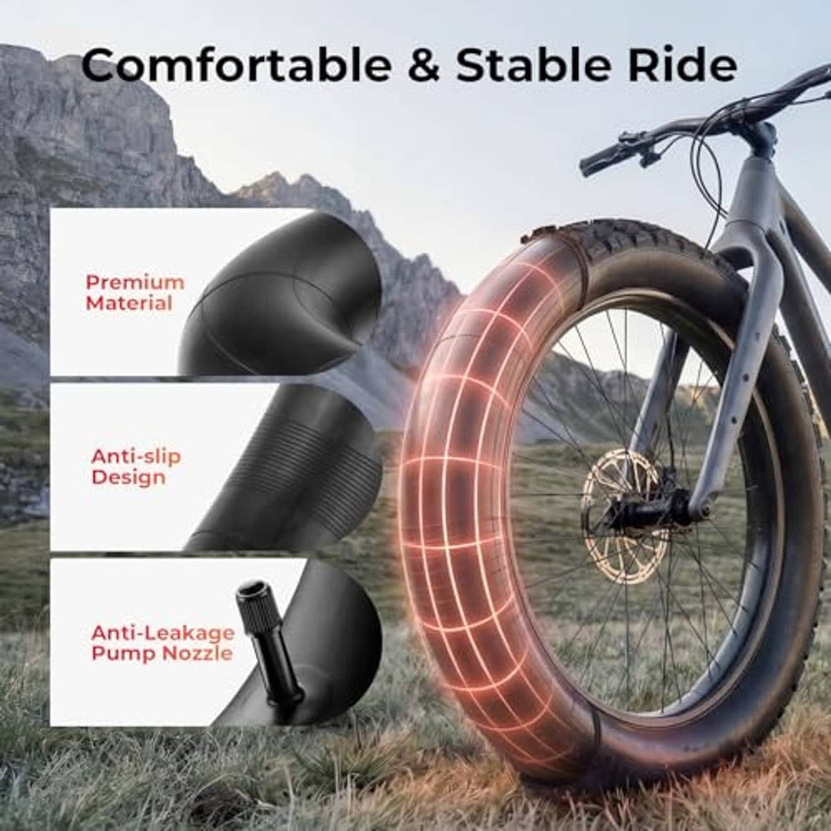 Black fat bike inner tube with valve stem, shown on a bike wheel setup