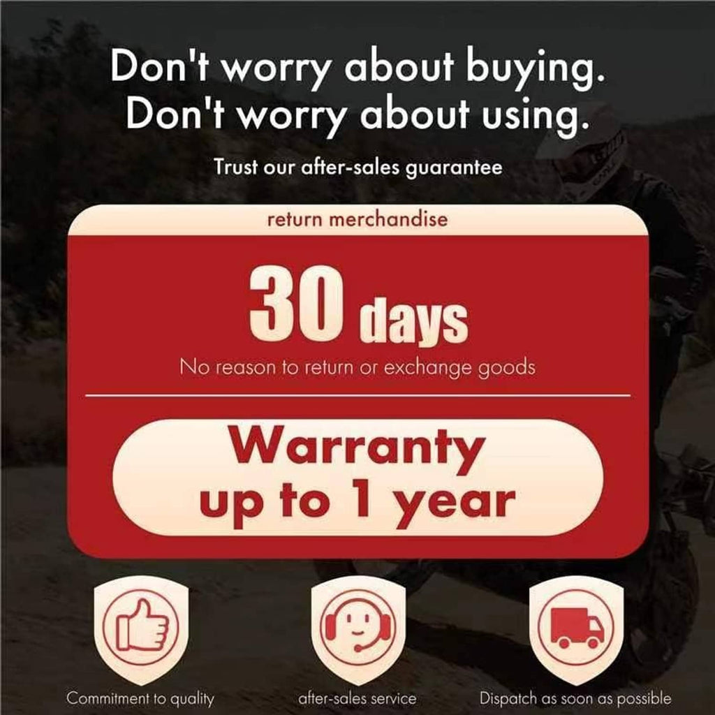Warranty and return policy card: 30 days return and up to 1-year warranty