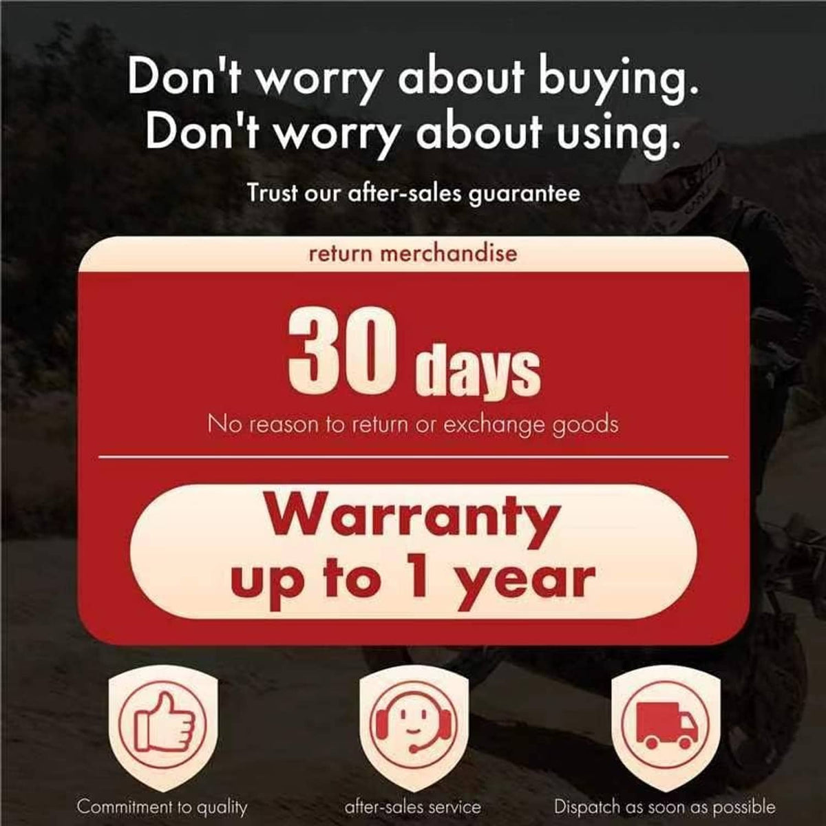 Warranty and return policy card: 30 days return and up to 1-year warranty