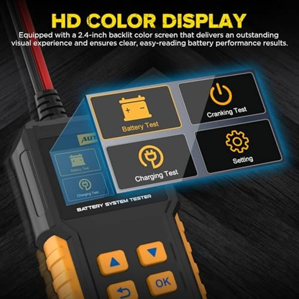 Battery system tester with color LCD screen showing battery test, cranking test, and charging
