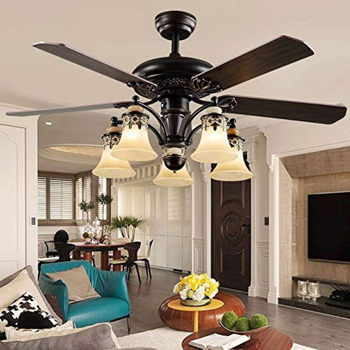 Chandelier with multiple E12 LED bulbs providing bright room lighting