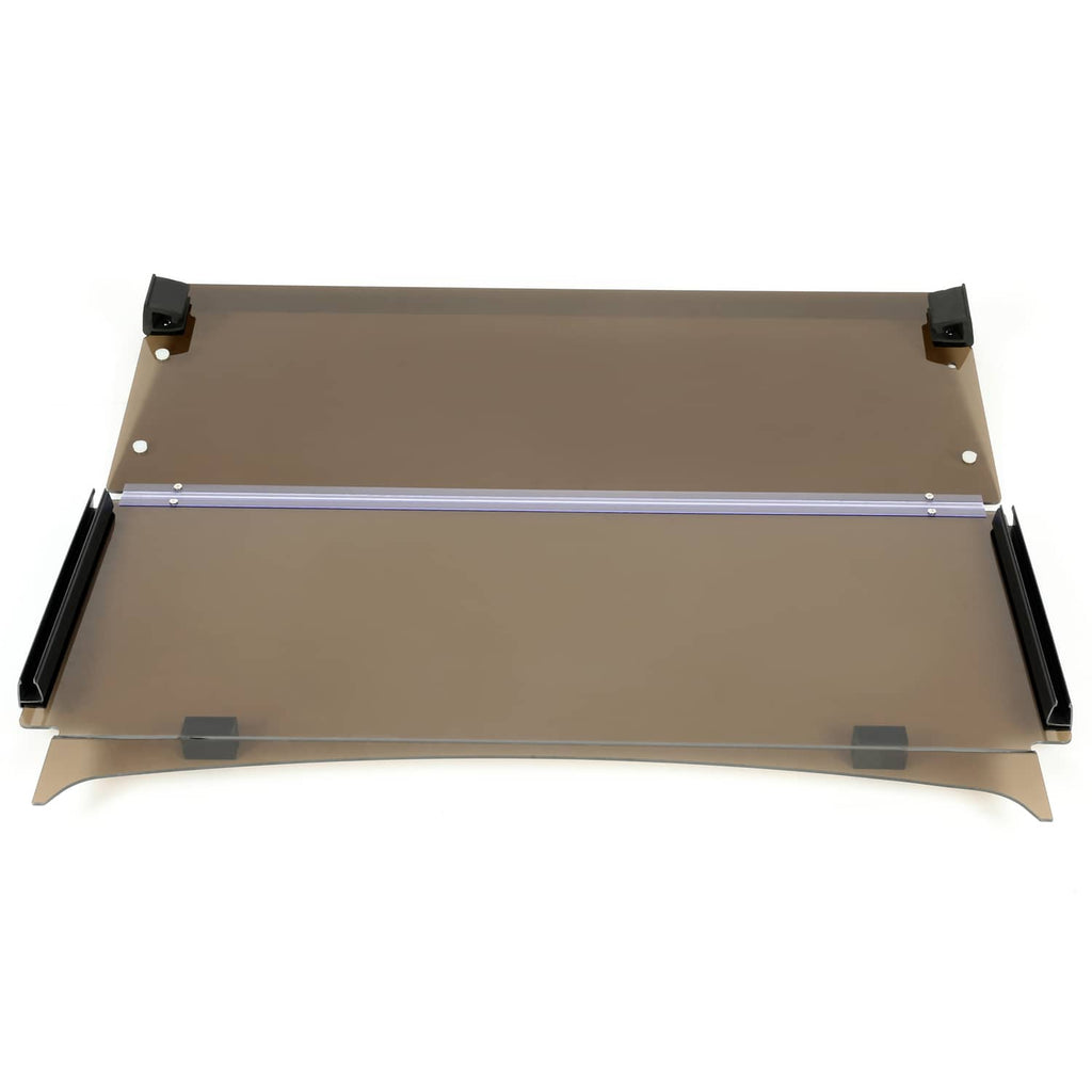 Tinted folding down windshield, folded panels showing black side mounting corners