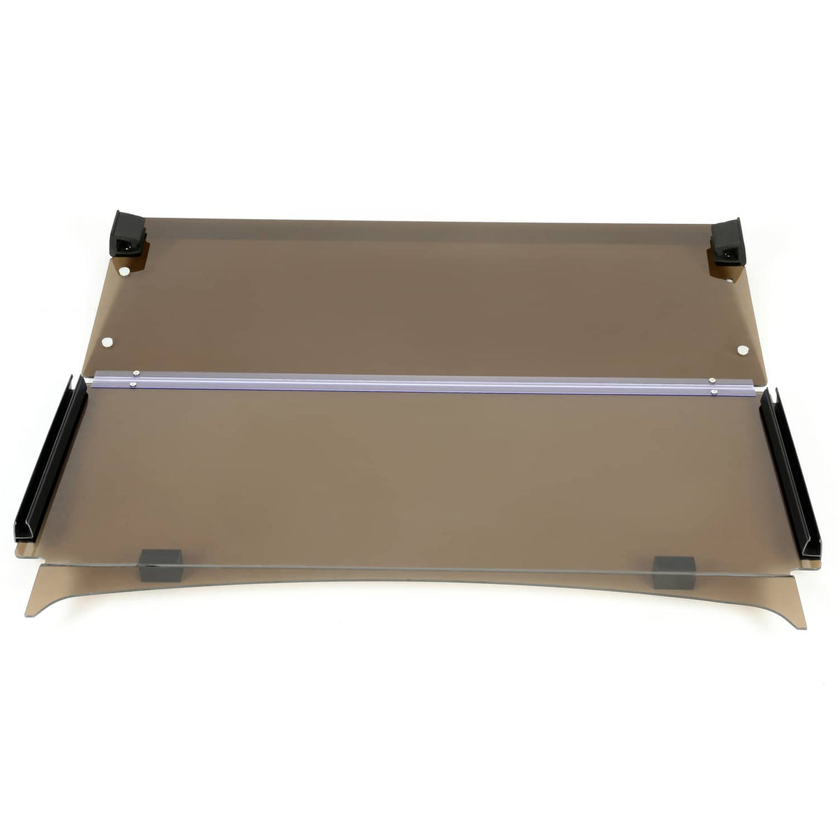 Tinted folding down windshield, folded panels showing black side mounting corners