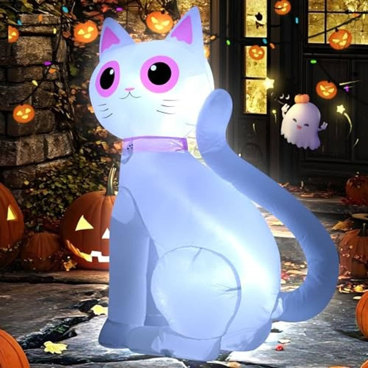 White inflatable cat decoration with LED lights, standing pose with glowing belly.