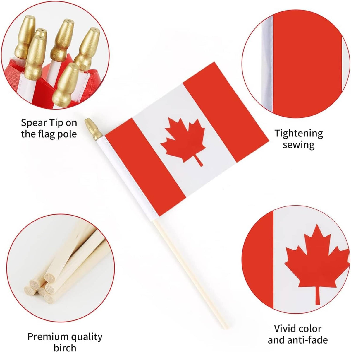 Canada mini handheld stick flags with maple leaf, white-red fabric on wooden poles