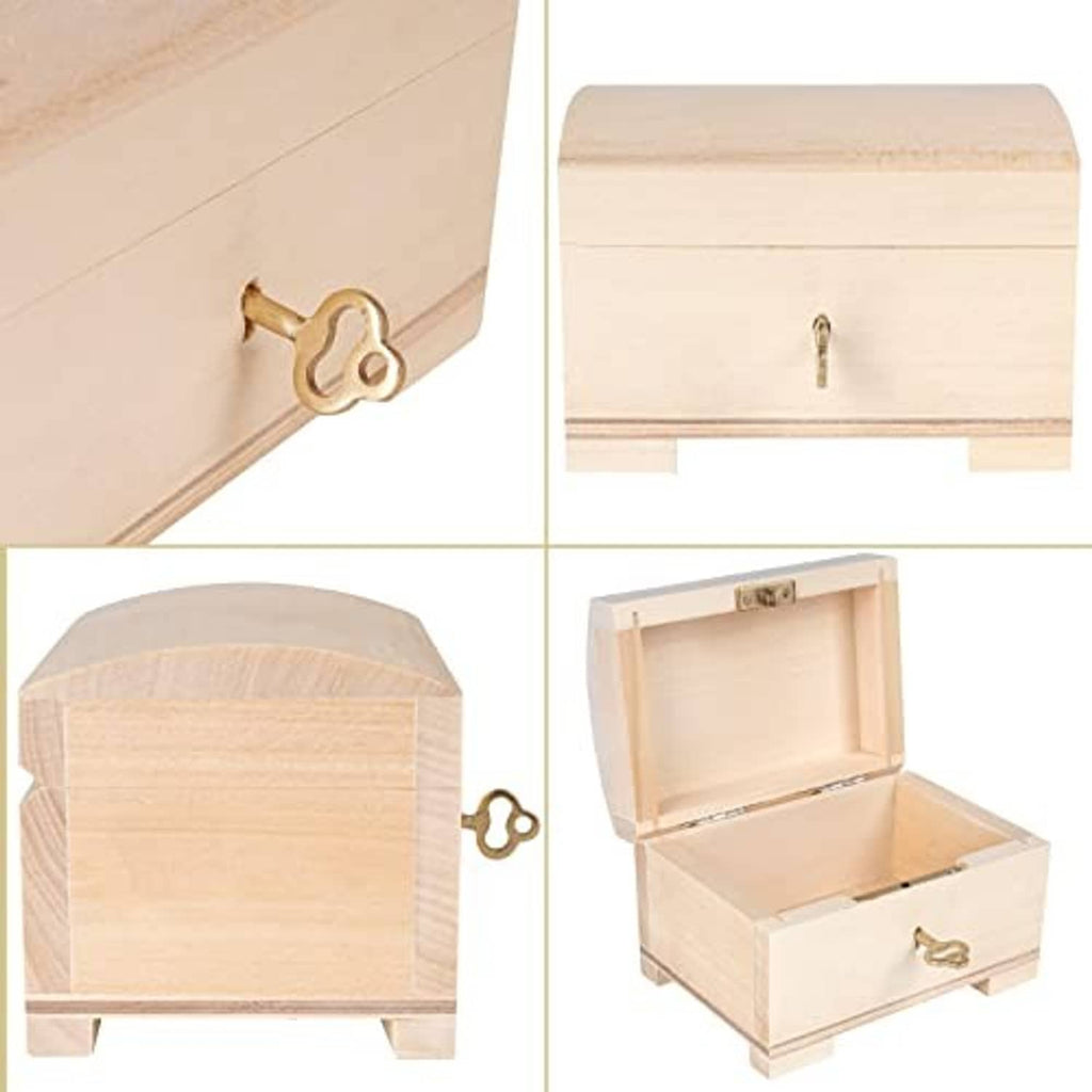 Small wooden jewelry box showing brass keyhole and pull handle details