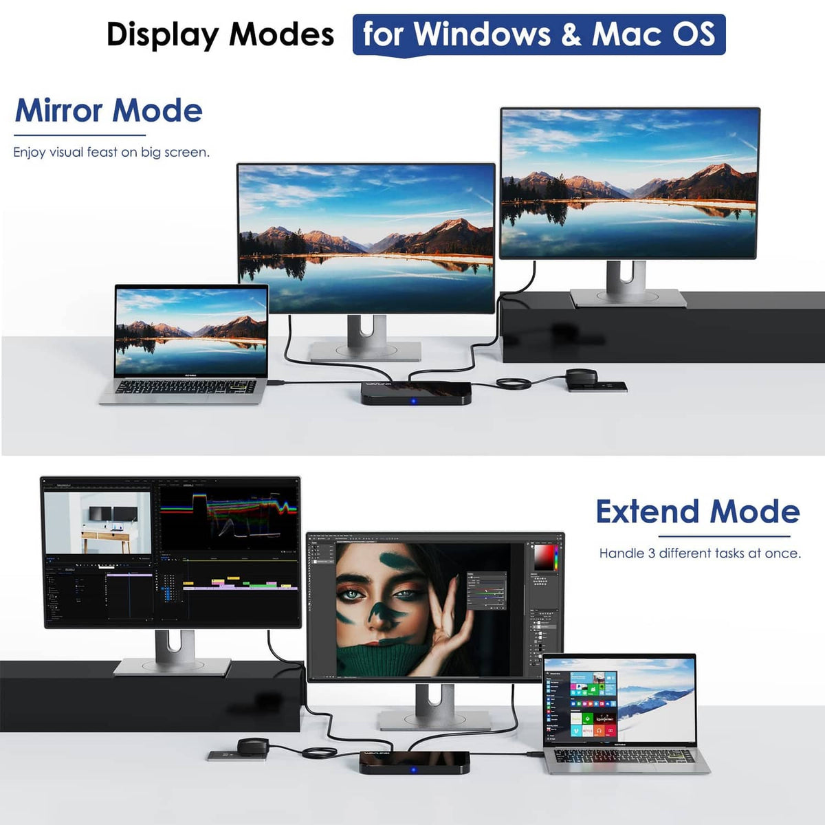 WAVLINK docking station showing mirror and extend display setups for Windows and macOS