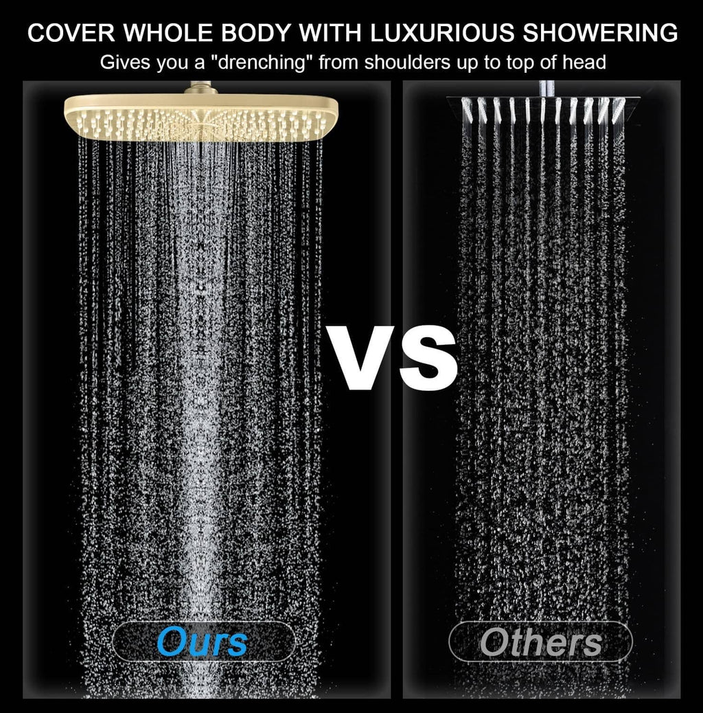 Gold overhead rain shower head delivering wide, drenching water coverage from nozzle panel