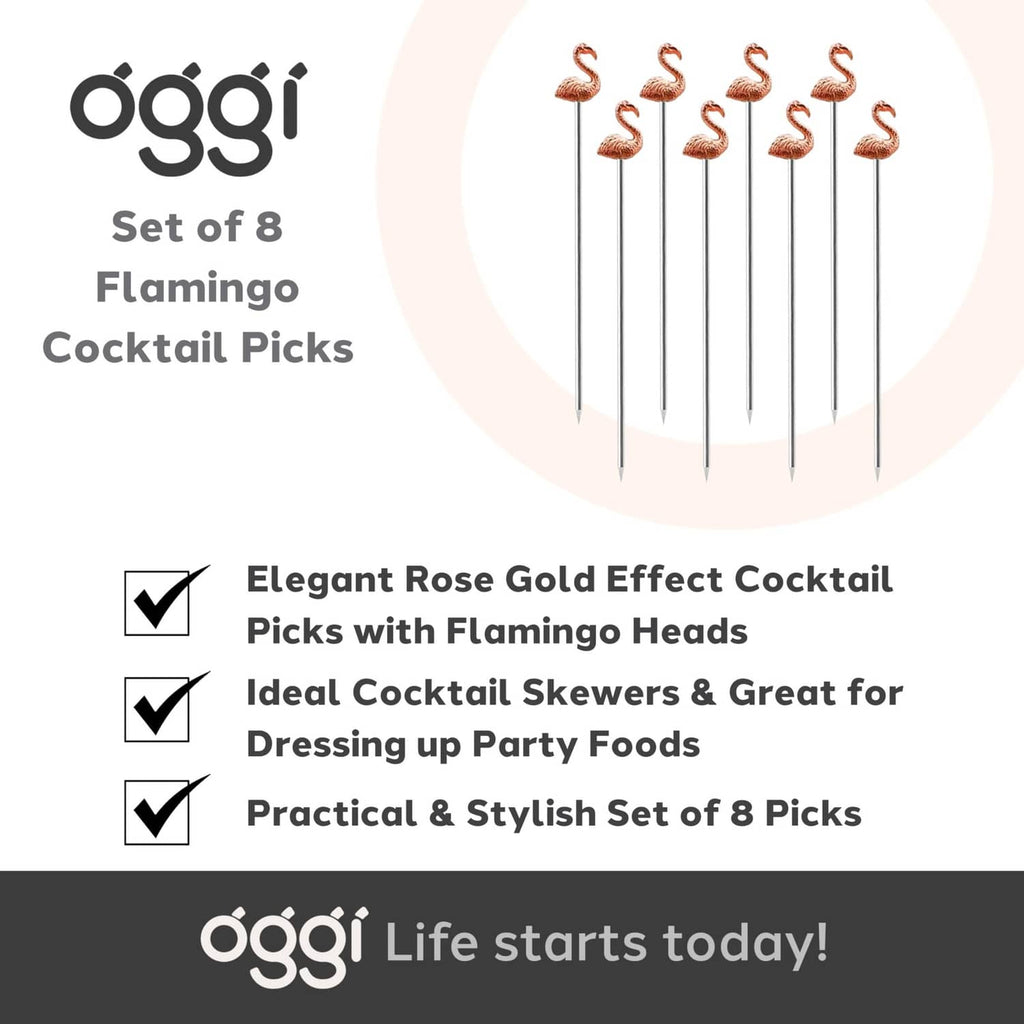 Set of 8 flamingo cocktail picks, rose-gold heads on metal skewers