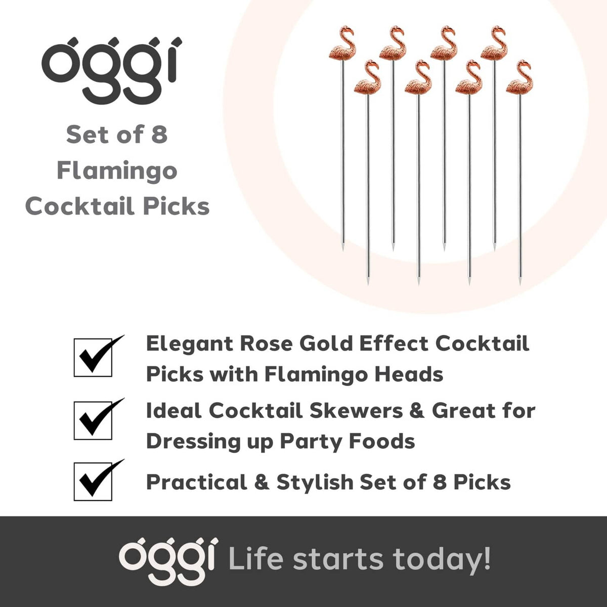 Set of 8 flamingo cocktail picks, rose-gold heads on metal skewers
