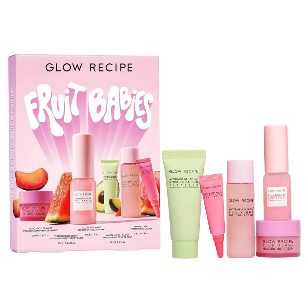Glow Recipe Fruit Babies skincare gift set with travel-size bottles and boxed set