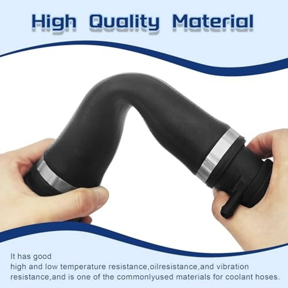 Black coolant hose held by hands, with textured clamp-ring ends