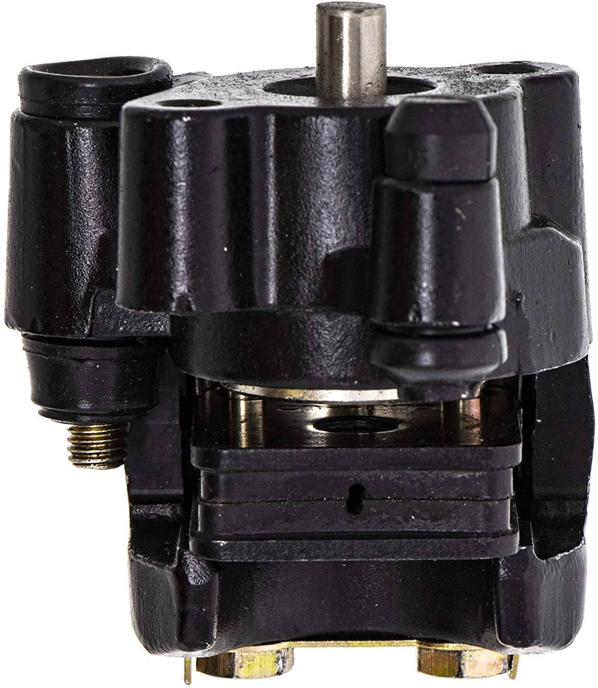 Brake caliper housing close-up with threaded ports and metal piston rod