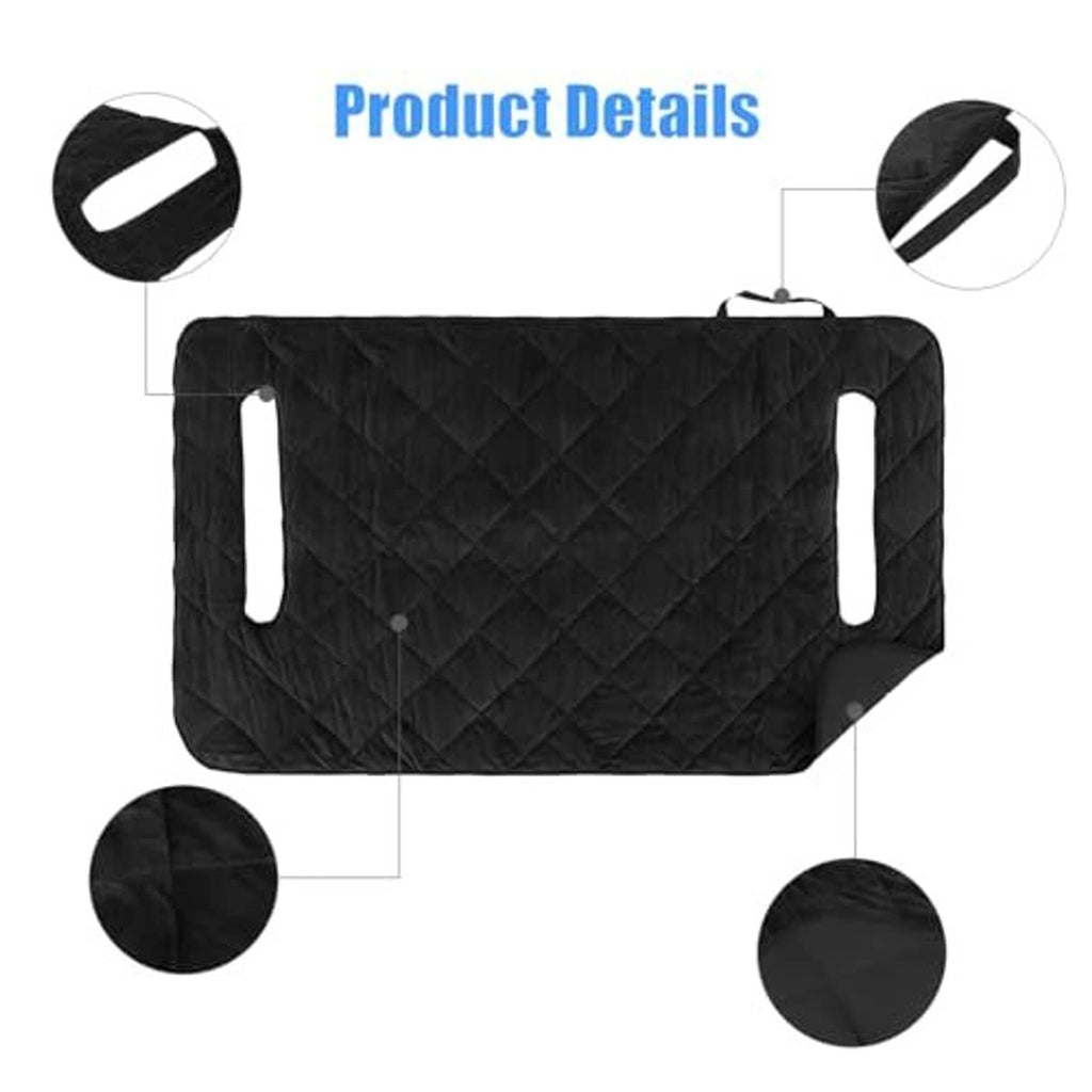 Black quilted seat cover with reinforced edges and two side handle openings
