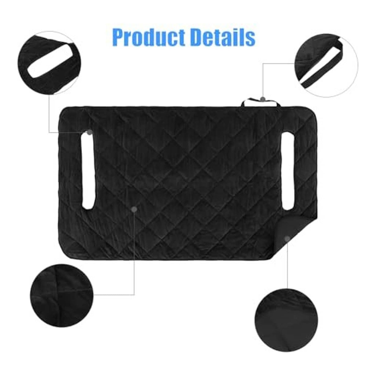 Black quilted seat cover with reinforced edges and two side handle openings